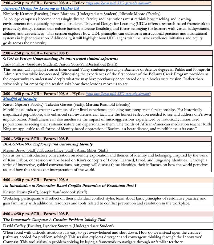 screenshot of the 2025 wednesday program, with sessions listed by hour with included descriptions